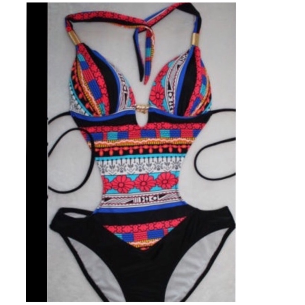 Red & Multicolor Print Monokini Swimsuit  NWT - L - Picture 5 of 5
